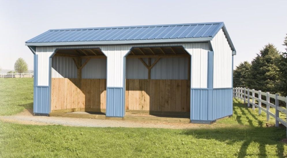 Two-tone blue mini horse barn siding