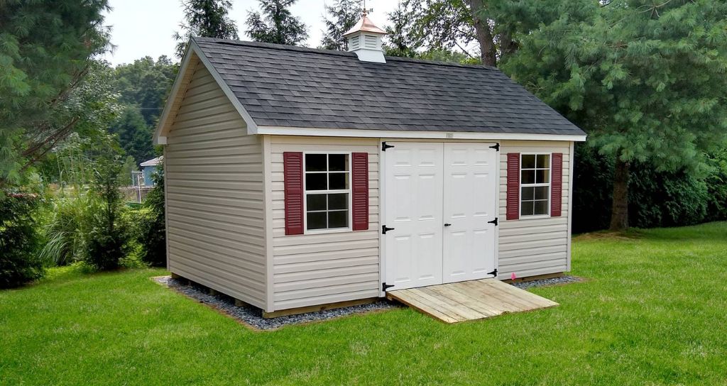 Classic vinyl A-Frame shed can be used as an outdoor office