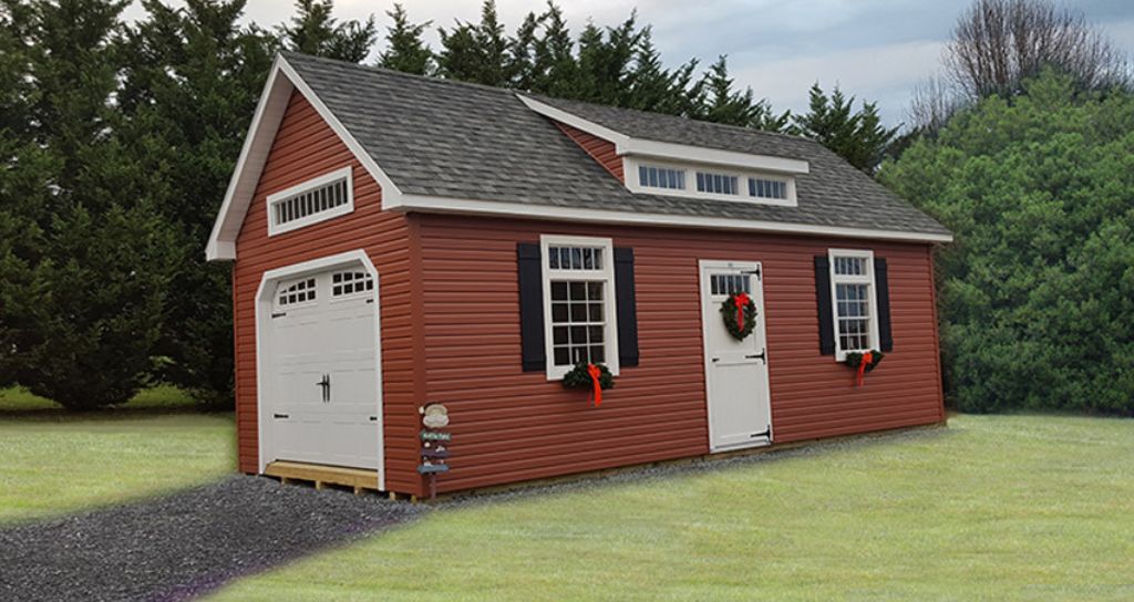 Elite garage shown in red vinyl. Perfect for backyard office.