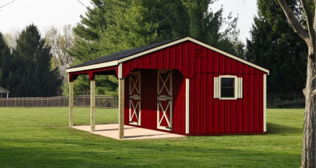 red 2-stall horse barn with white trim